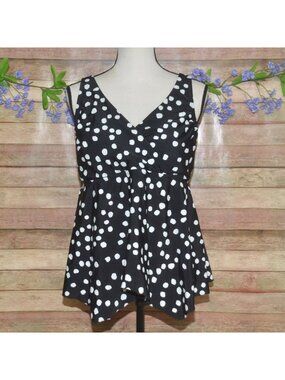 Kona Sol Black & White Polka Dot Peplum Babydoll Tankini Swim Top Plus 16W